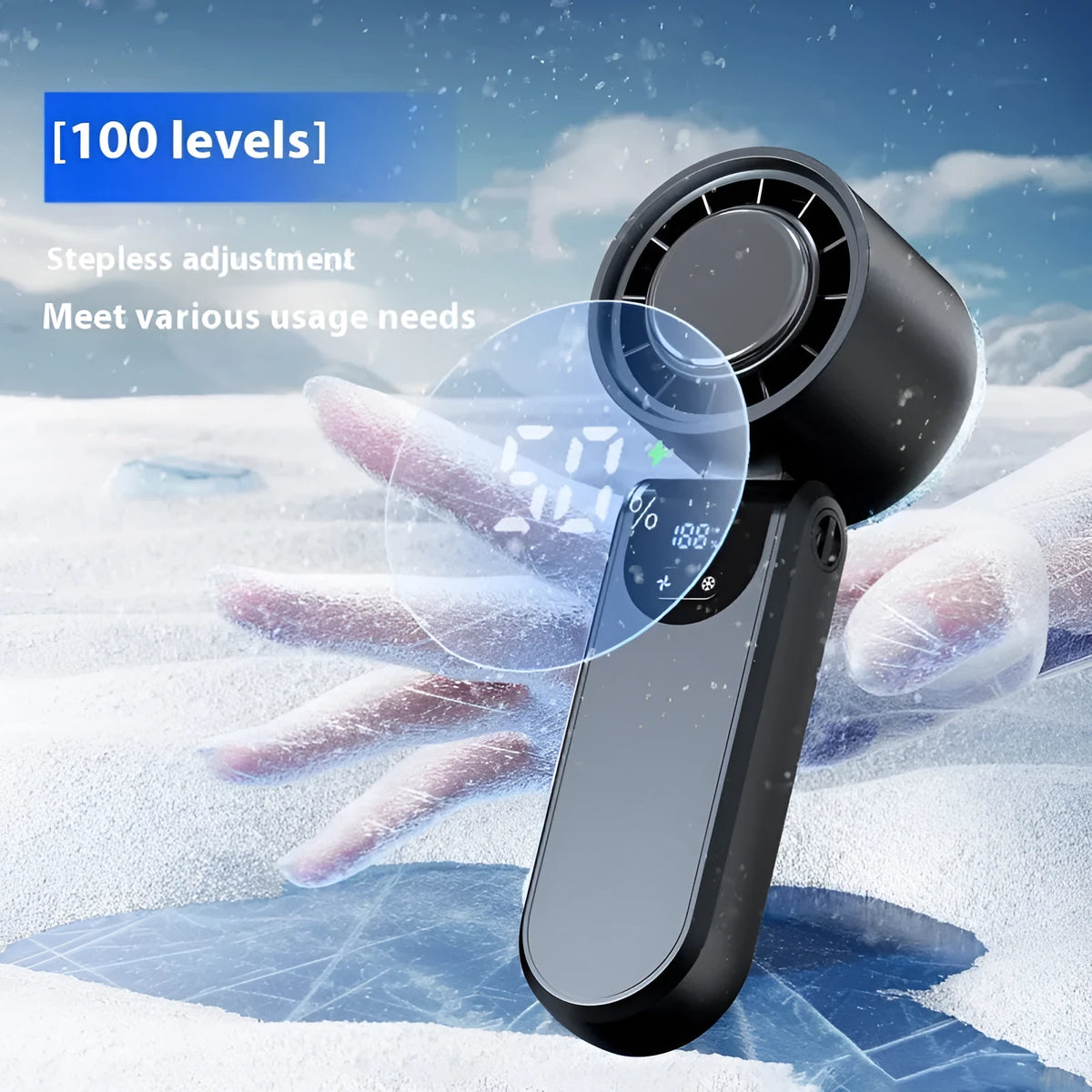 Handheld ice compress fan with LED digital display and USB charging in beige colour