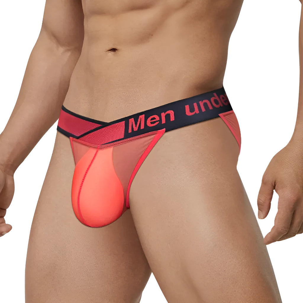Men's transparent ice silk breathable underwear in black, red, or white with large V gradient high fork design