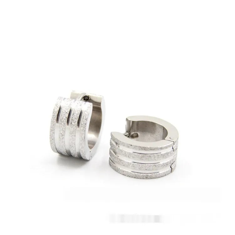 Korean style geometric titanium steel earrings with three-line frosted design in black, gold or steel colour options