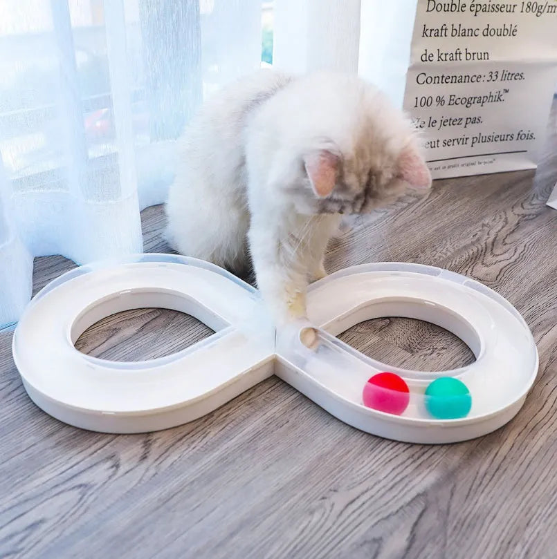 Cat toy turntable with interactive track ball dish, white and blue plastic, 50x24x5.5cm