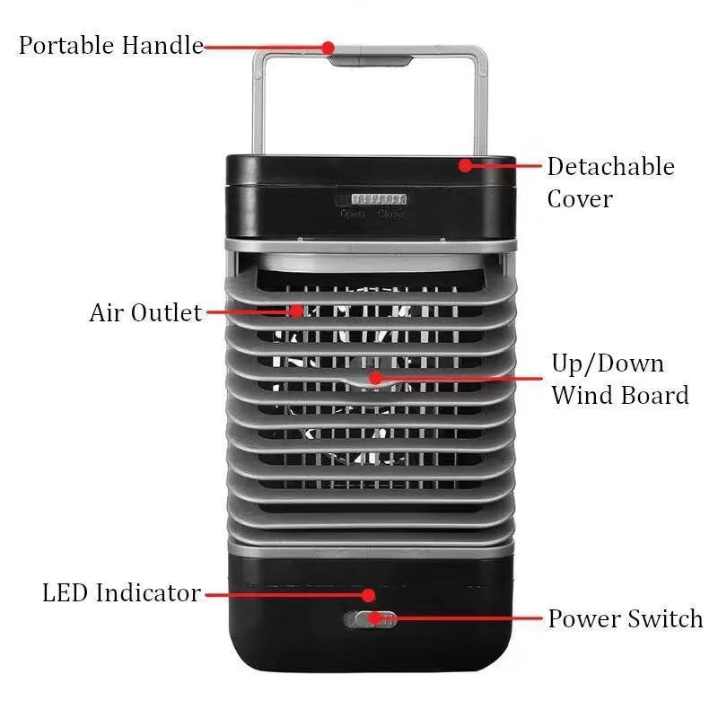 Portable vertical USB evaporative air cooler in black with water tank and ice cube function on a desk