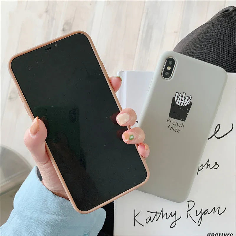 Soft matte silicone iPhone case with ice coffee or french fries couple design