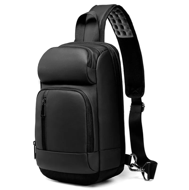 Black PVC outdoor shoulder bag with zipper, internal pockets, and an air cushion shoulder strap.