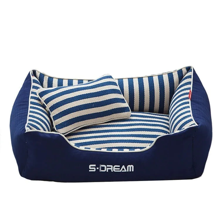 Navy stripes dog kennel mat with removable washable cover and matching mini pillow