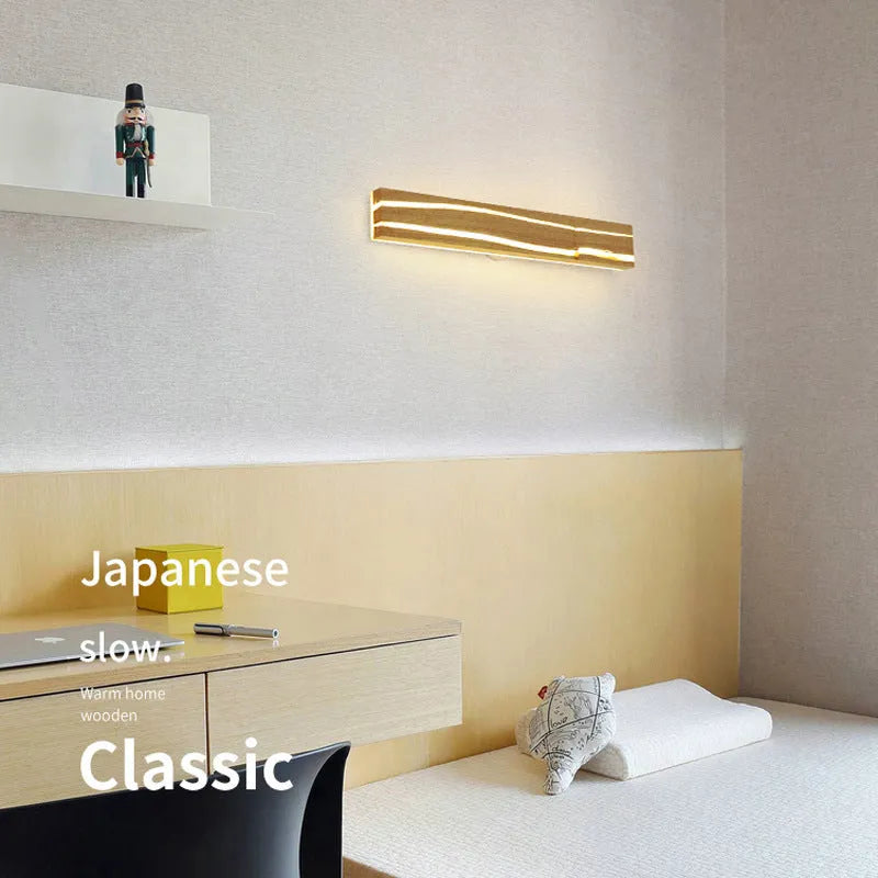 Solid wood LED wall light with rubber wood frame and acrylic diffuser in log colour