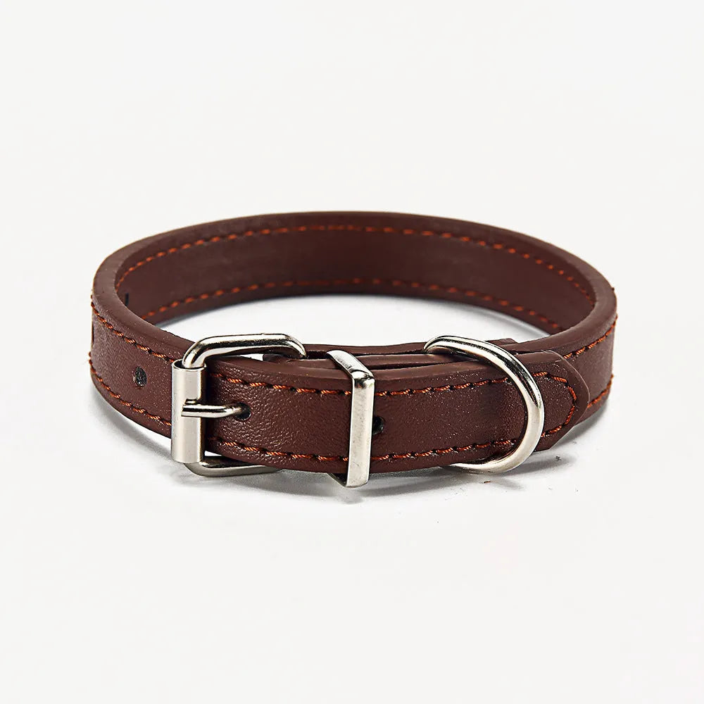 PU leather dog collar in Coffee colour, S size 1.0x30cm, with metal buckle on white background