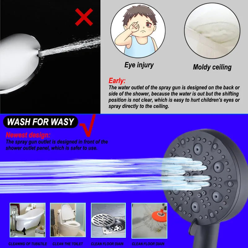 Dark matte black hand-held shower head set with filter, bracket, and hose on a white background