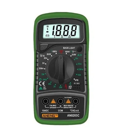 Yellow handheld digital multimeter with rotary dial and LCD display, CE certified