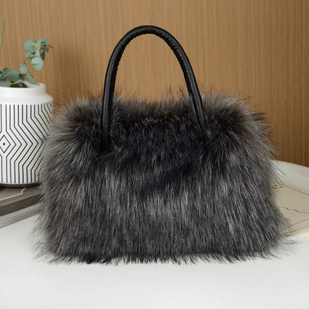 Soft plush handbag shoulder tote with double straps and three-dimensional outer pocket in multiple colours