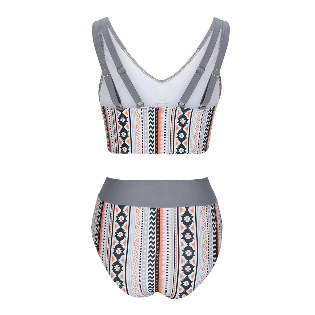 Women's polyester bikini set in briefs style showing blue and grey colour options