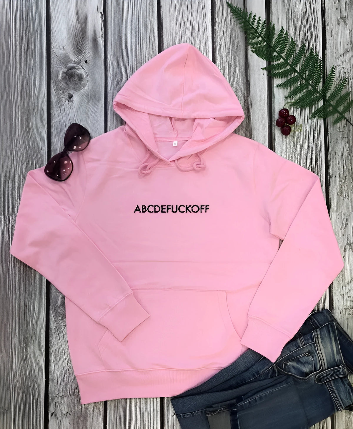 ABCDEFUCKOFF cotton pullover hoodie in black, front view, available in sizes S to 3XL