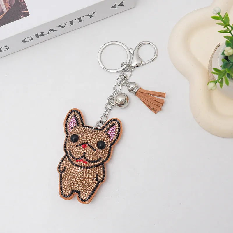 French dog cartoon animal rhinestone keychain with alloy construction measuring 5-7cm