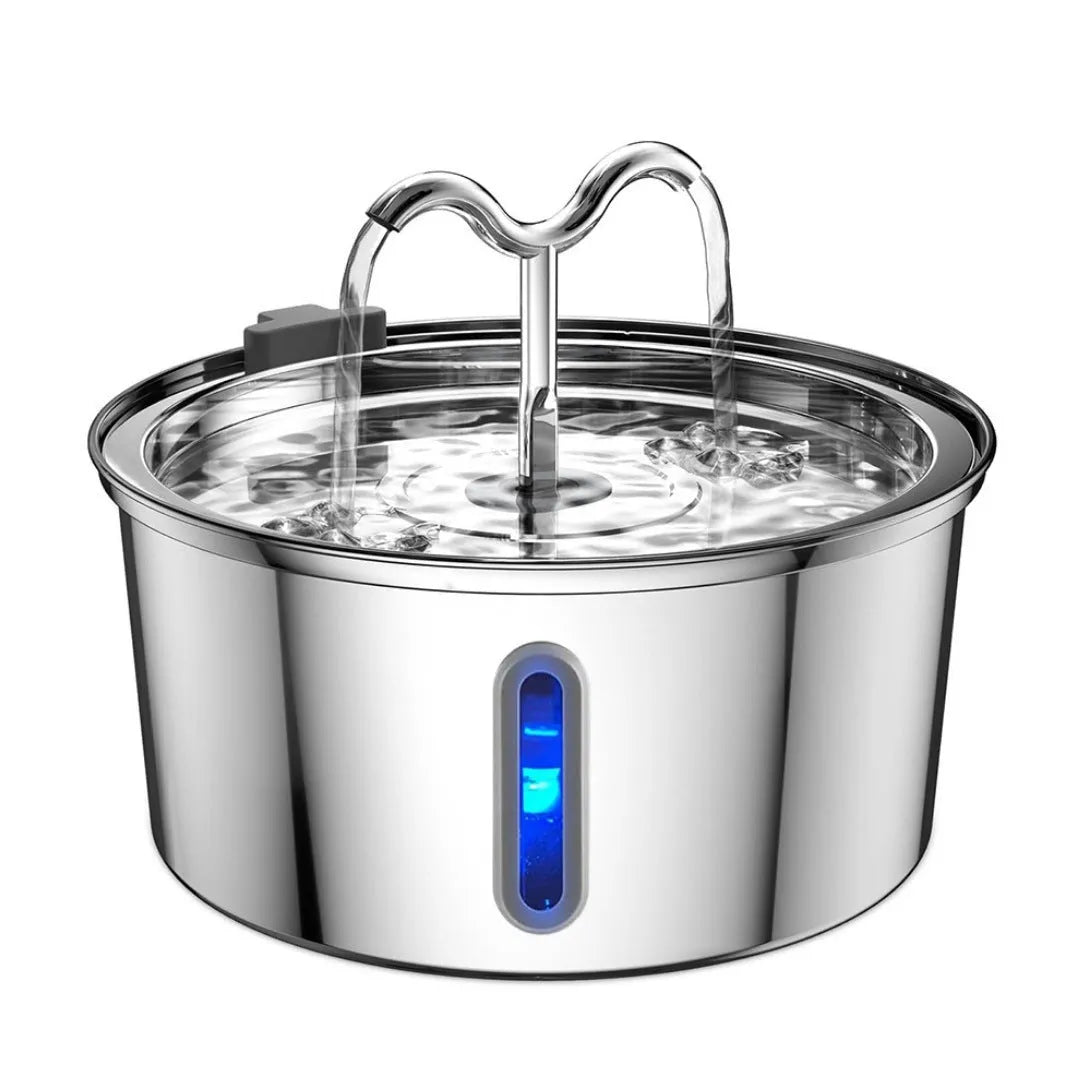Stainless steel pet water dispenser with large 4-litre tank and selectable water outlet design