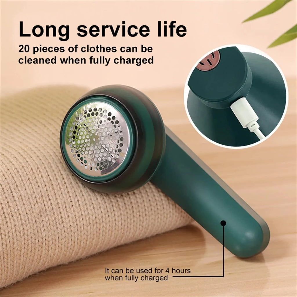 USB rechargeable electric lint remover in white with stainless steel blade and honeycomb mesh cover