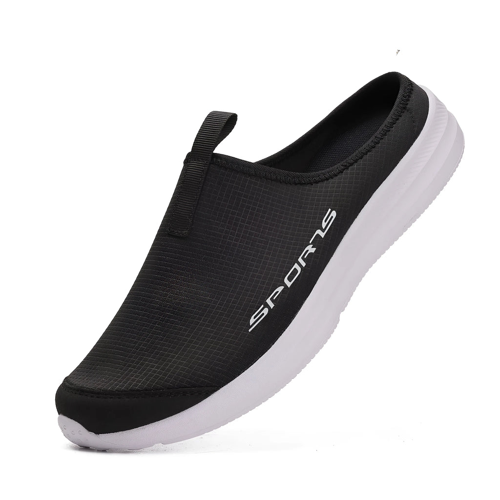 Men's breathable mesh half slippers with EVA sole in khaki colour, casual slip-on style