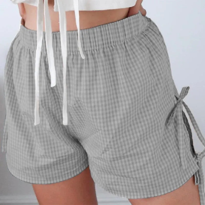 Loose plaid print shorts with lace-up design for women, Y2K summer style, elastic waistband