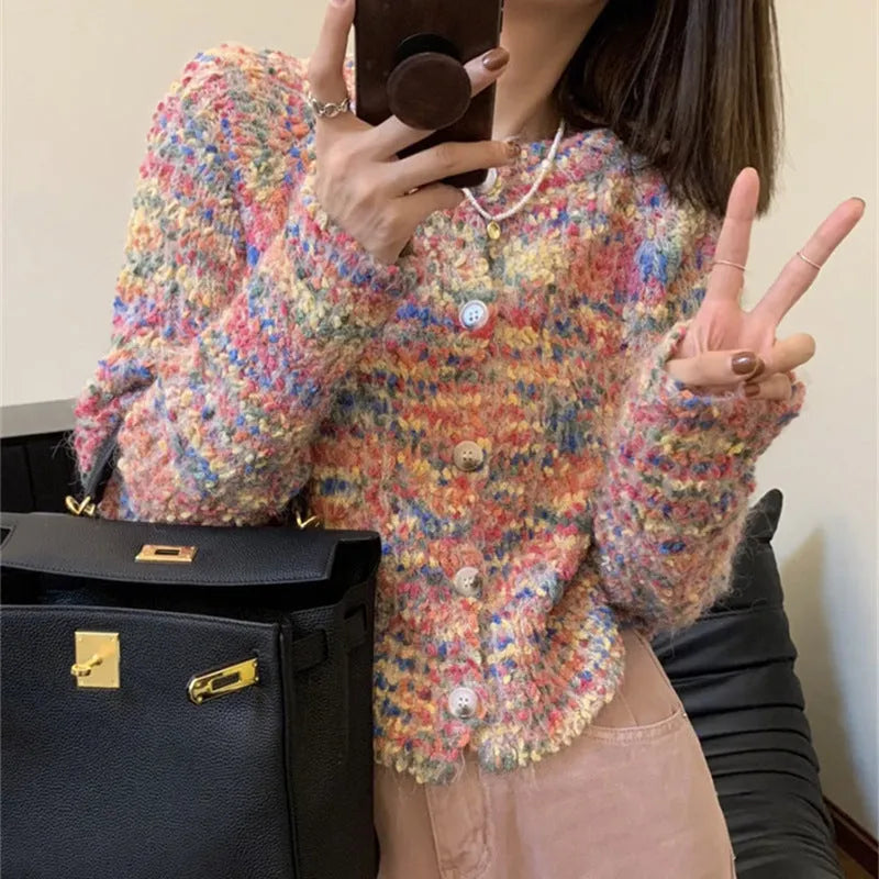 Retro style acrylic knitted cardigan sweater with toothbrush hair texture in pink or green colour options