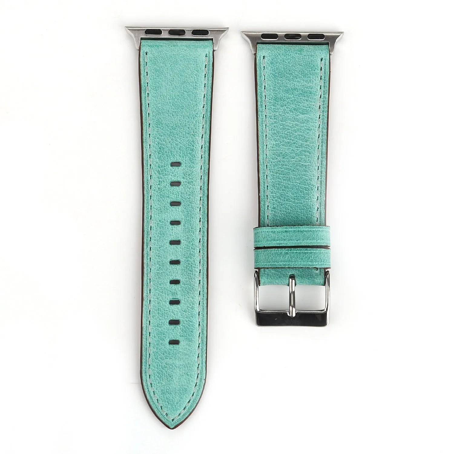 Blue leather watch strap with a silver folding buckle on a 42mm width watch case.