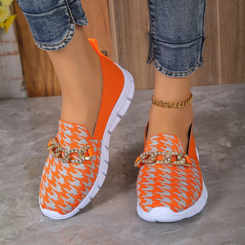 Women's casual houndstooth print chain mesh flat shoes with rubber sole and platform heel