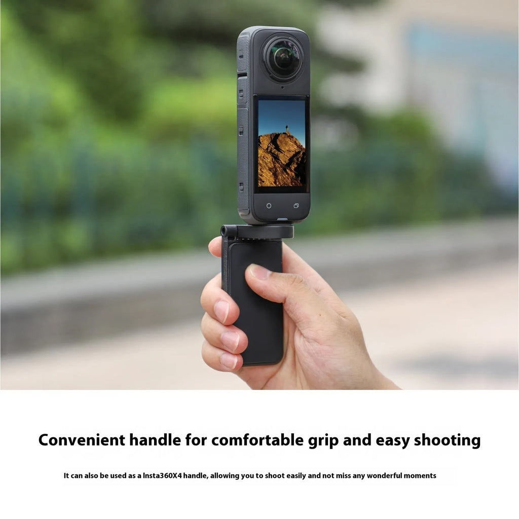 Black Insta360 X4 magnetic bracket base with angle adjustable design and handheld handle