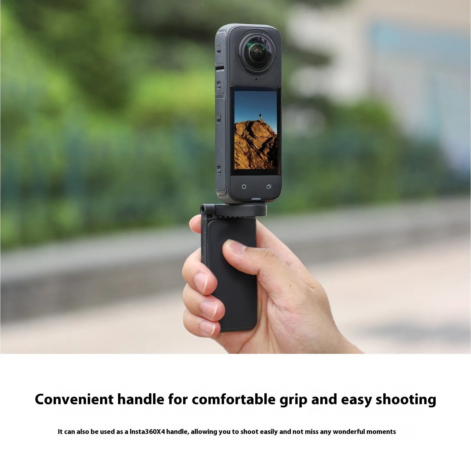 Black Insta360 X4 magnetic bracket base with angle adjustable design and handheld handle