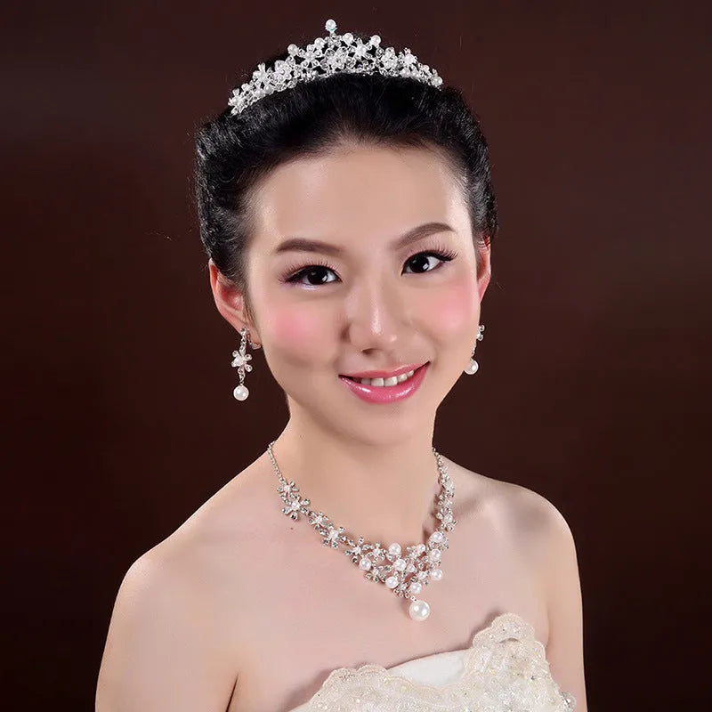 Bridal crown headdress with crystal flower necklace and stud earrings set gold-tone finish