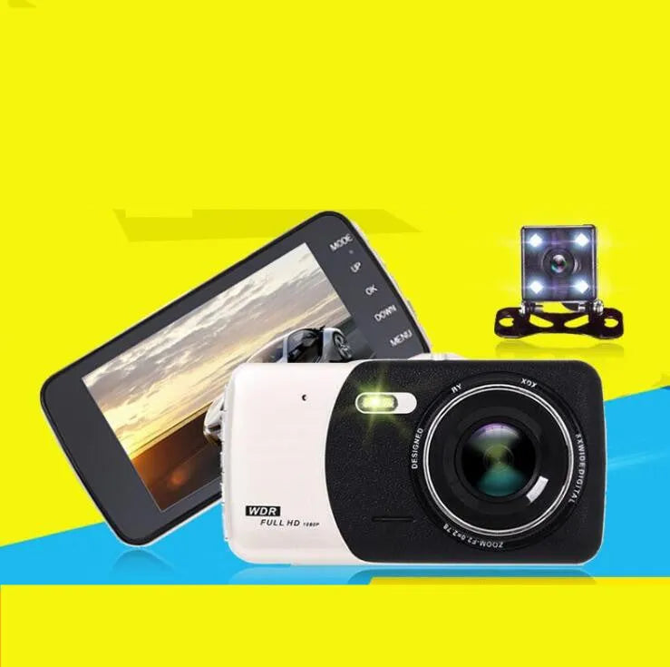 Black HD 1080P car driving recorder with 170° wide angle lens, mounted on windscreen