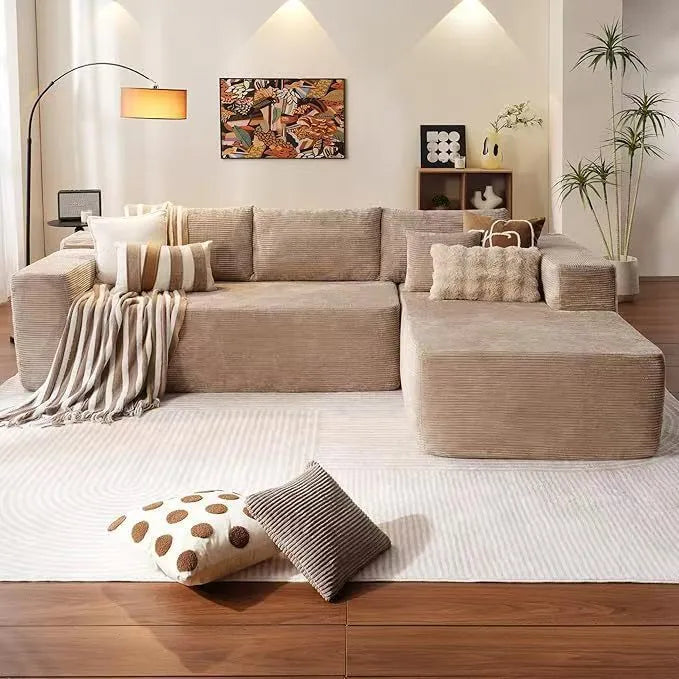 Modern minimalist flannel sofa in beige with clean lines suitable for living room or office setting