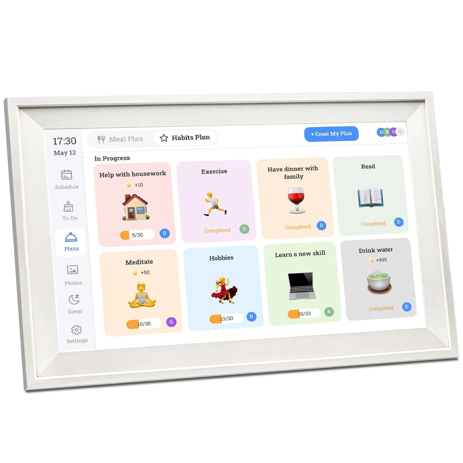 White 15.6 inch smart Wi-Fi digital photo frame with Full HD screen on a desk