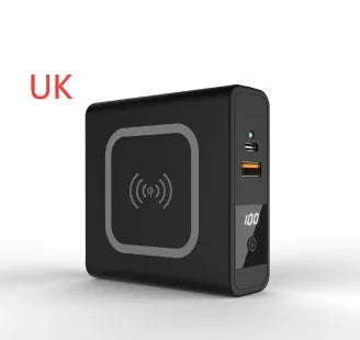 Super QI PD20W fast power bank in black with international travel plug attachments