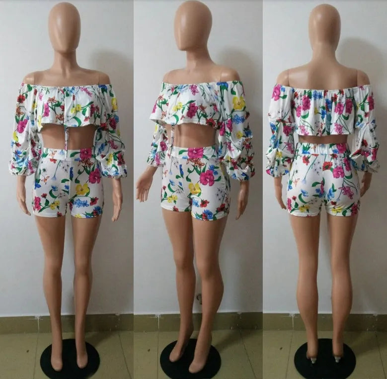 Multicolour digital print two-piece set with pile sleeves short top and matching shorts