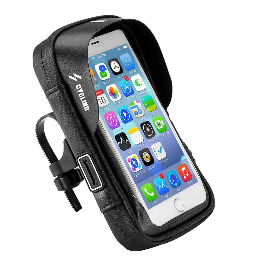 Black waterproof touch screen bicycle handlebar bag mounted on handlebars with phone visible through TPU window