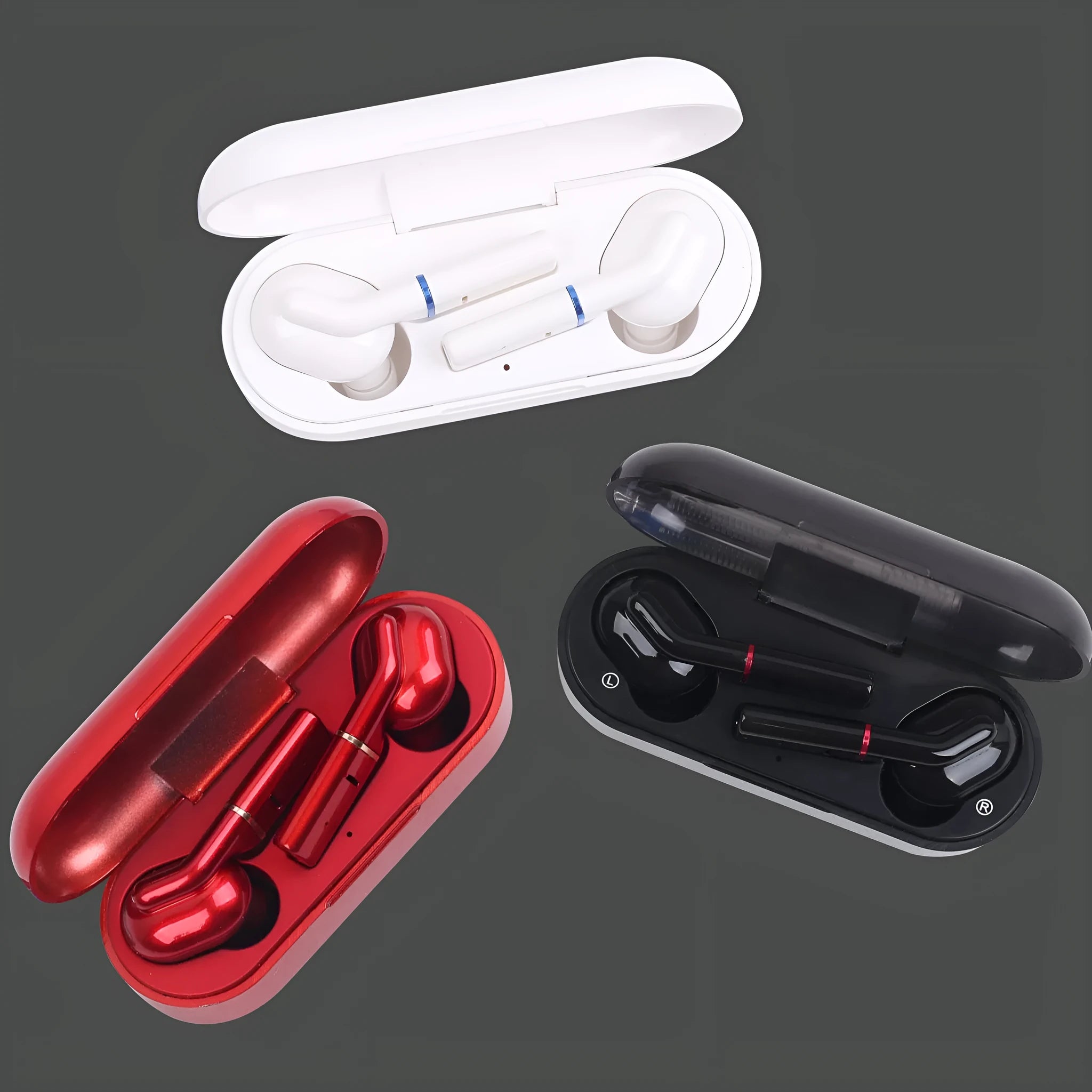 Black and white VV1 true wireless Bluetooth earphones with a compact charging case.