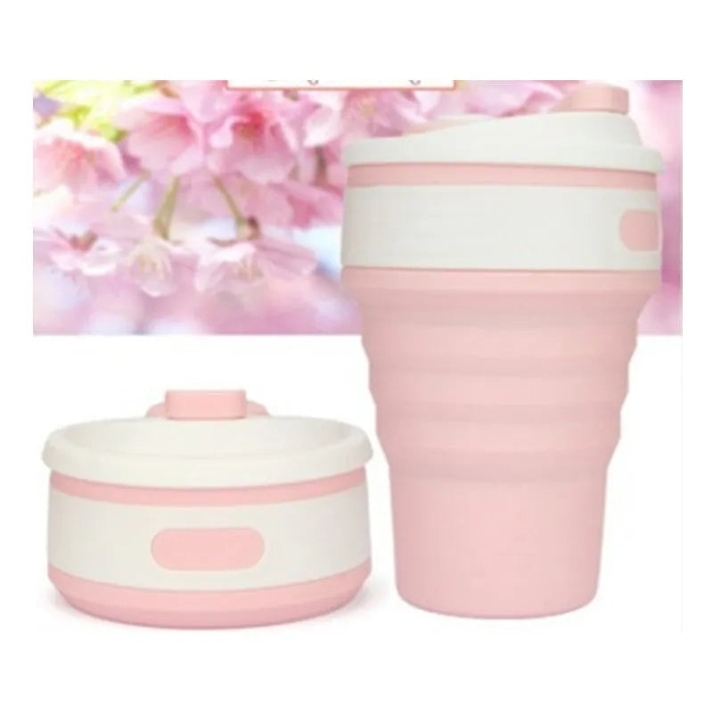 Green collapsible silicone travel mug shown expanded and folded to 6cm height