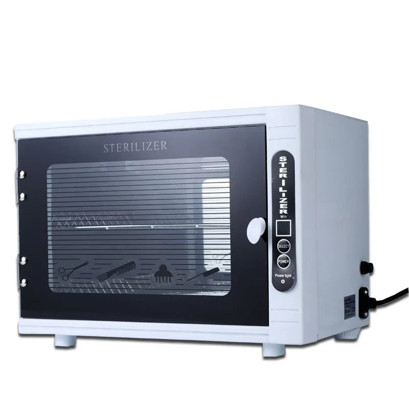 Small silver ultraviolet steriliser unit with stainless steel chamber for salon tool hygiene