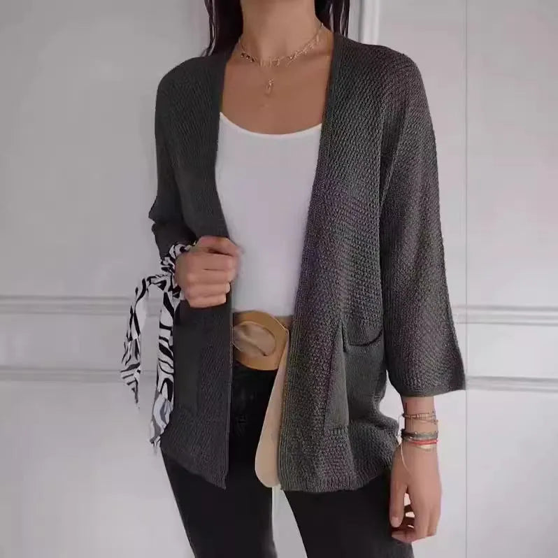 Women's waffle-textured cardigan coat with nine-quarter sleeves in army green colour