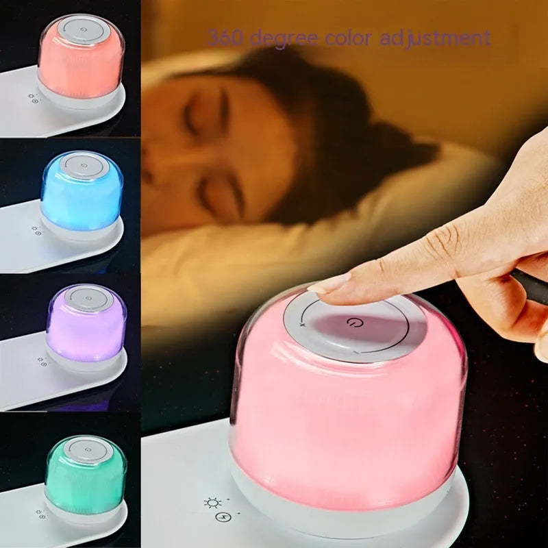 Fast charging wireless charger table lamp two-in-one with white finish, featuring 15W charging pad and warm night light on a wooden desk