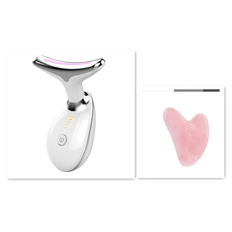 Black and silver EMS thermal neck lifting massager with LED lights for wrinkle reduction and skin tightening.
