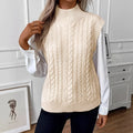 Women's white sleeveless high neck knit sweater with colour block pattern, loose fit, acrylic material