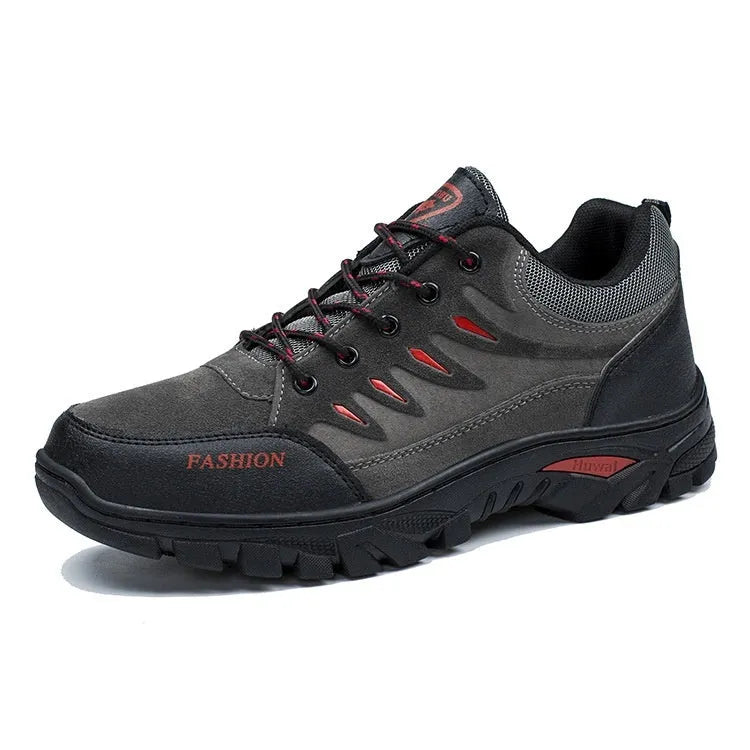 Men's brown suede hiking shoes with round toe and lace-up front