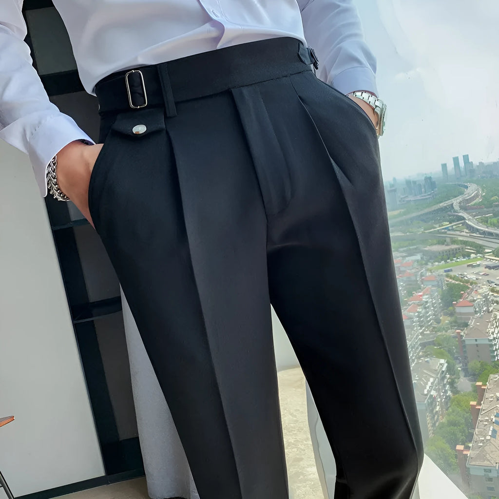 Men's straight-leg casual trousers in solid colours including black, gray, and khaki.