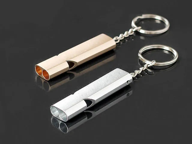 Aluminium alloy double-hole outdoor survival whistle in silver or gold colour