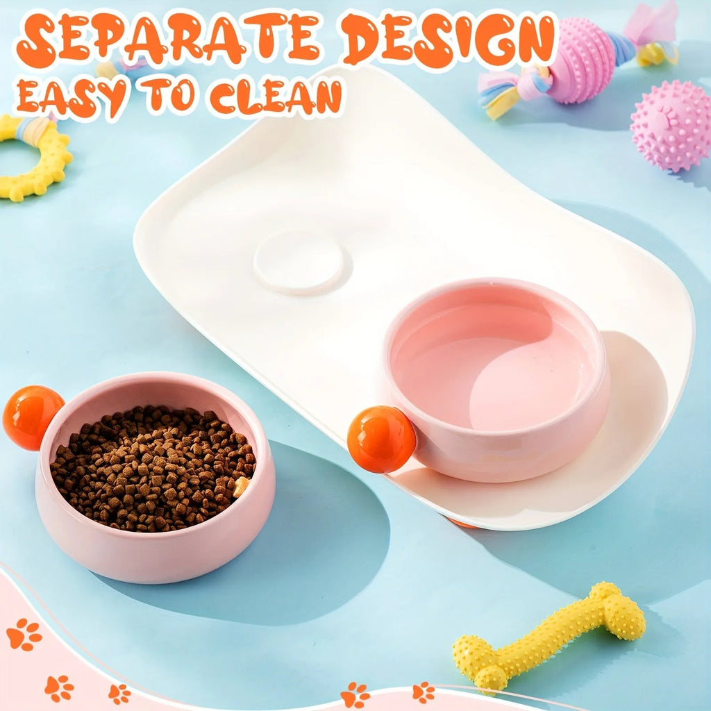 Elevated ceramic pet feeding bowl with two compartments and a non-slip base in a choice of colours.