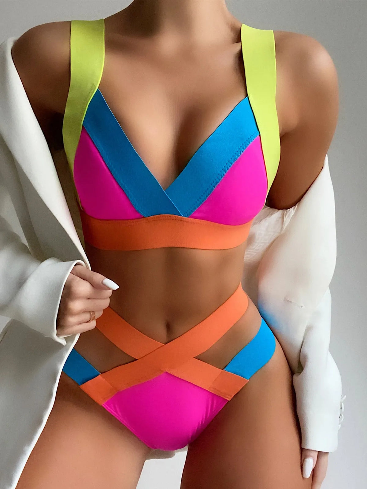 Ladies colourful bandage bikini triangle bag swimsuit in solid colour nylon, chest pad without steel support, sizes S M L