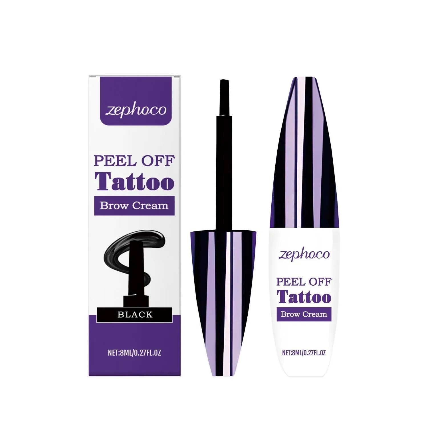 Tearable liquid eyebrow pencil with brush applicator in black, brown, and light brown colours