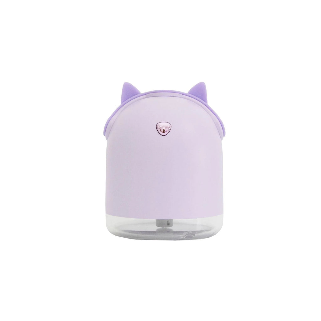 Micron atomisation smart humidifier in purple and yellow, 91mm tall, with USB cable showing timer controls