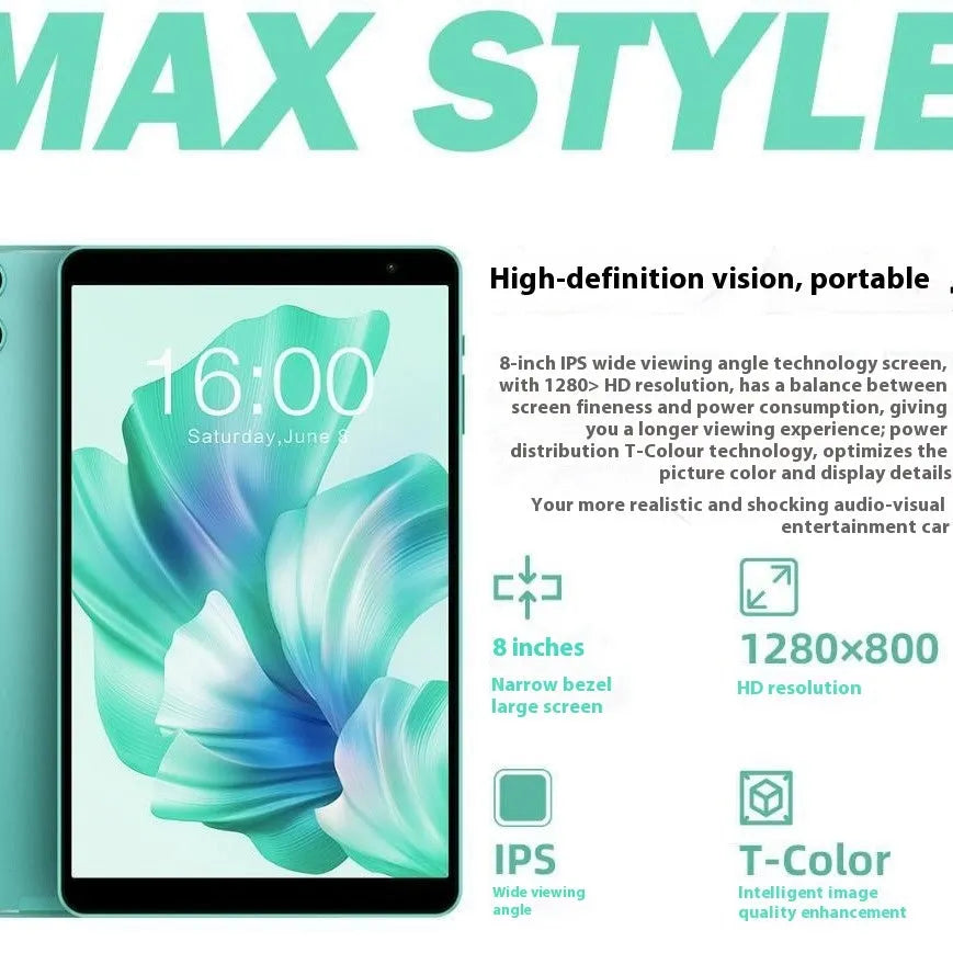 Green Android 13 tablet with 8-inch HD screen, eight-core processor, 4GB RAM, 64GB storage, and dual camera