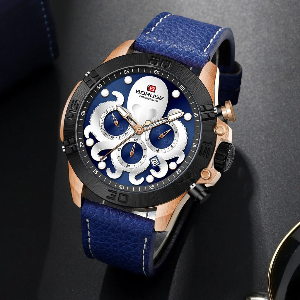 Octopus brand men's waterproof luminous quartz watch with 13mm case in blue or black options