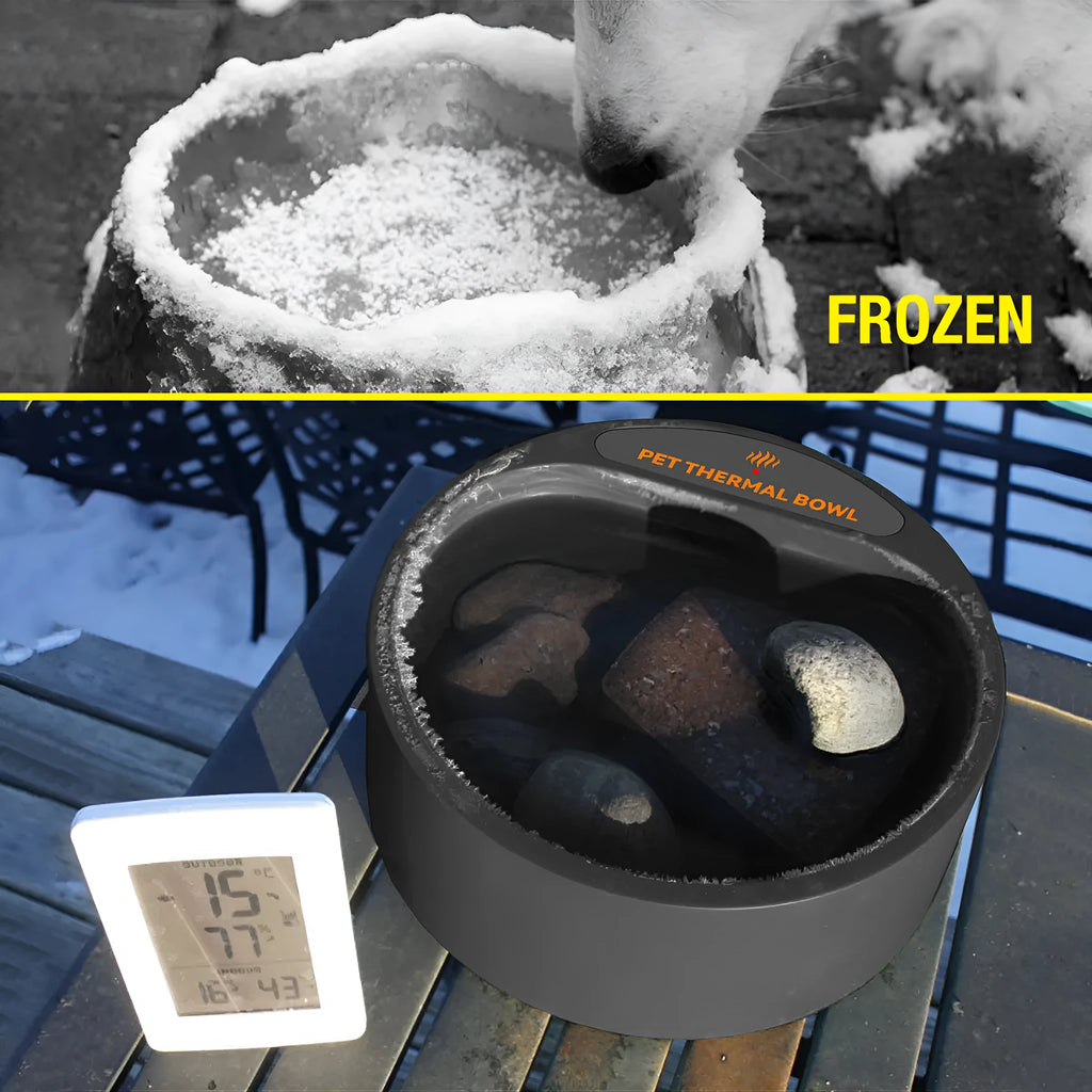 Black ABS plastic heated pet bowl with 2.2L capacity and power cord.