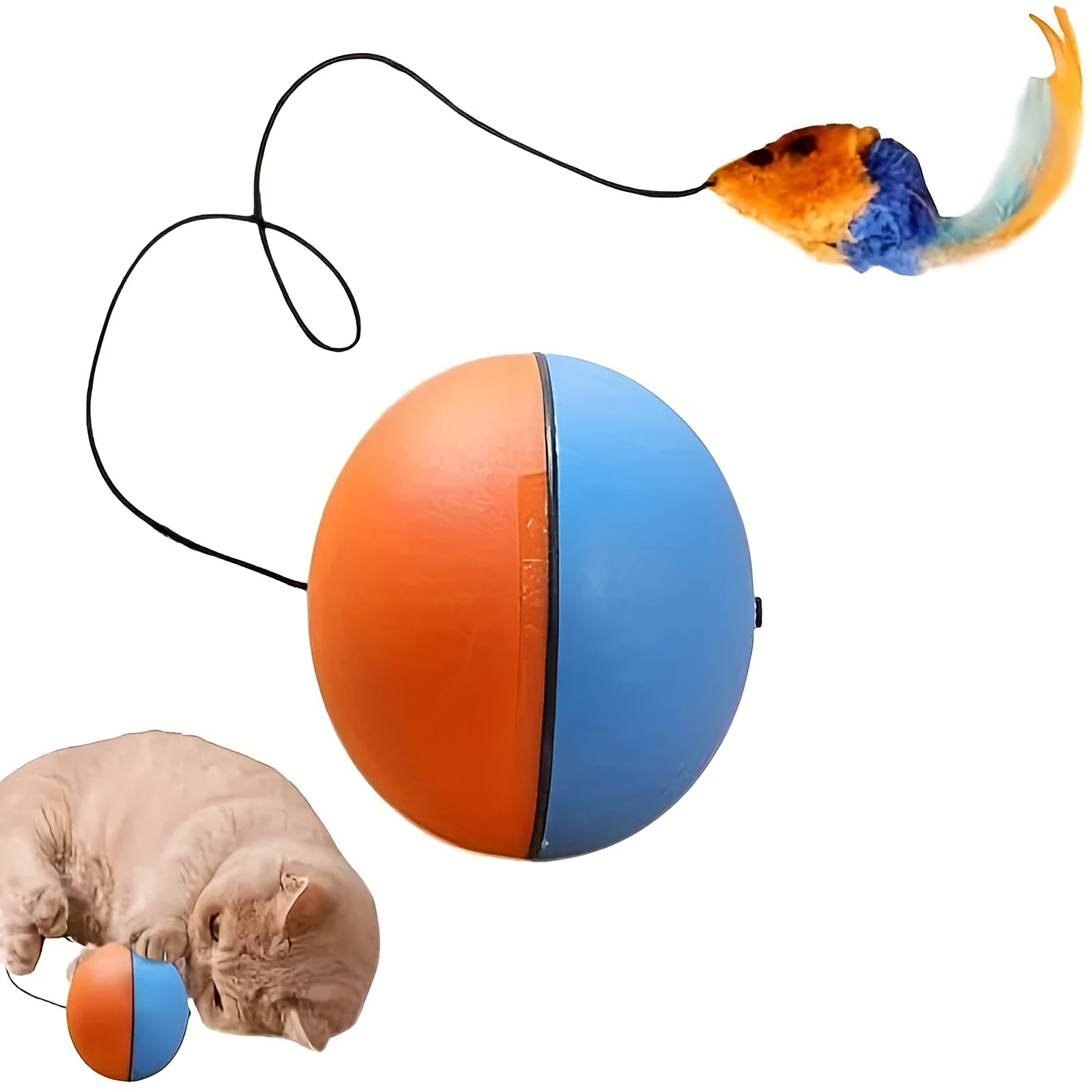 Interactive blue and orange cat toy with plush mouse and ball elements for feline exercise